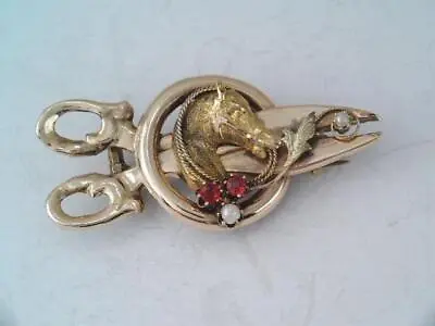 Victorian Solid 10k Rose Gold Jeweled Equestrian Horse Racing Winner Brooch • £261.23