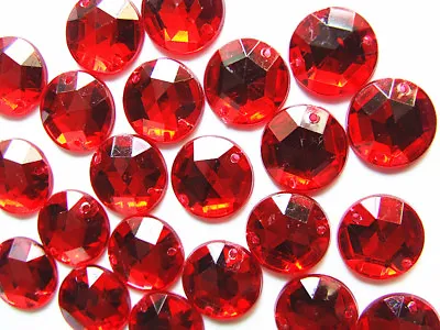 50 Ruby Red Faceted Beads Acrylic Rhinestones/Gems 10 Mm Round Flat Back Sew On • £3.54