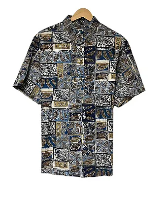 Kahala Men’s Hawaiian Button Down Shirt Blue/Brown Cacao Cotton USA Sz Large Euc • $23.26