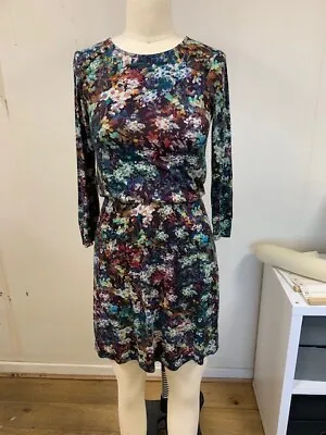 Warehouse Womens Floral Tea Dress Long Sleeve Stretch Jersey Elasticated Sz 8 • £15