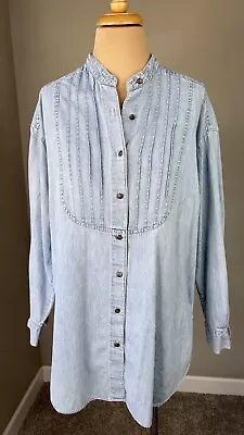 Southwestern Pintuck Cotton Chambray Denim Mandarin Collar Button Shirt Top M • $19.99