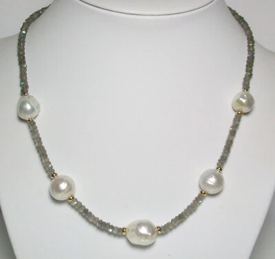 £245 • Buy 11mm-13x16mm Baroque South Sea Pearl, Labradorite & 9ct Gold Station Necklace
