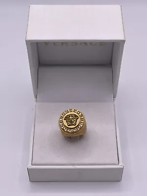 VERSACE Brushed Gold Metal Crystal MEDUSA Men's Signet Ring Size 13 • $325