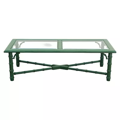 1970's Faux Bamboo Green Coffee Table With Glass Top Faux Bamboo Green Table • $825