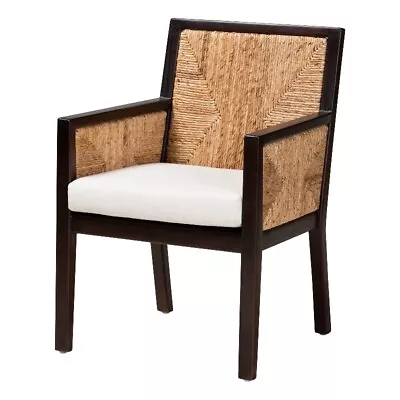 Baxton Studio Joana Dark Brown Mahogany Wood And Natural Abaca Dining Arm Chair • $241.47