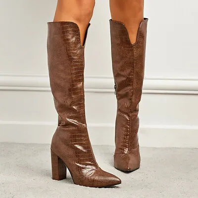 Women's Fashion Embossed Pointy Toe Block Heel Knee High Knight Boots Shoes Club • $103.46