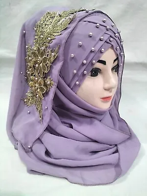 Muslim Womens Fancy Chiffon Instant Ready To Wear  Fancy Hijab Scarf Gold Bunch • £9.99