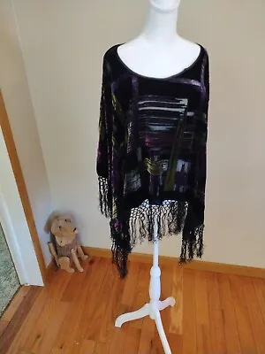 Womens Shawl One Size Black Velvet Silk Floral Fringed Trim Rare Vintage Poncho • $18.88