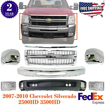 Front Bumper Chrome Kit + Grille For 2007-2010 Chevrolet Silverado 2500HD 3500 • $1161.15