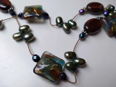 Vintage Genuine Dragon's Eye Stones Pearls Murano Glass Necklace 19.7g RARE • $89.99