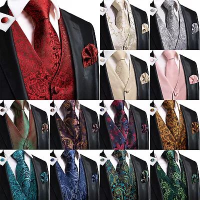 Mens Formal Wedding Casual Waistcoat Suit Vest Slim Tuxedo Silk Tie Set Jacket • $51.98