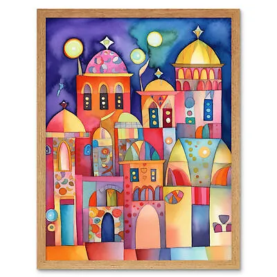 £14.99 • Buy Brightly Decorated Buildings Night Modern Folk Art Framed Art Picture Print 9X7 