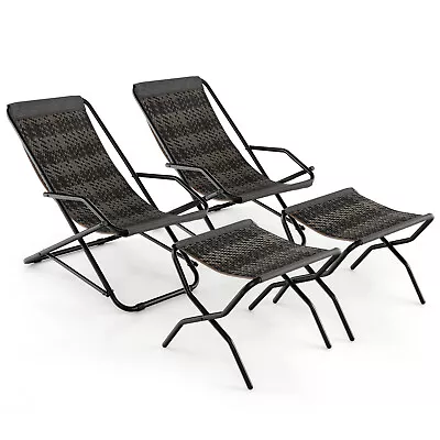 2PCS Patio Folding Rattan Sling Lounge Chair Ottoman Rocking  Footrests Armrest • $104.99