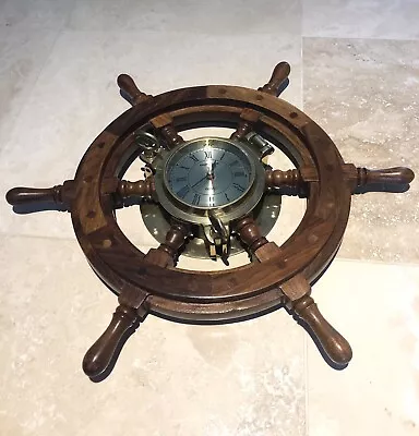 Brass Nautical Porthole Clock 19” Wooden Yacht Steering Wheel • $70