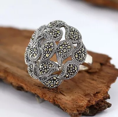 Vintage Solid 925 Sterling Silver Flower Shape Real Marcasite Ring For Women S-8 • $55.99