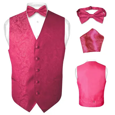 Men's Dress VEST Bow Tie HOT PINK Color PAISLEY Design Suit Tux BowTie Hanky Set • $27.95