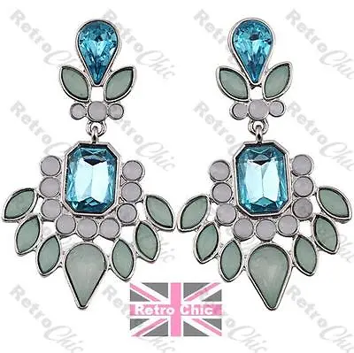 PALE BLUE Green White RHINESTONE Chandelier EARRINGS Jewelled SILVER TONE 18KGP • £2.50