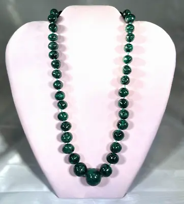 Antique Vintage 18  Genuine Malachite Dark Green Stone Bead Necklace Sterling • $40.80