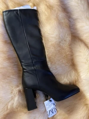 $65 • Buy ZARA Hi Heel Block Heeled Tall Riding BOOTS Leather Sz 8 US New W/Tags $199