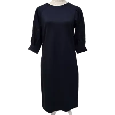 H&M Navy Knee-Length Jersey Dress With Floral Puff Sleeve UK 8-10 • £26.54