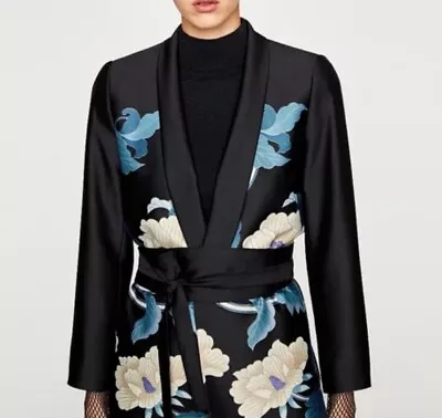 ZARA Asian FLORAL Print Romancecore TUXEDO Wrap Kimono SMOKING Jacket BLAZER L • $59.99