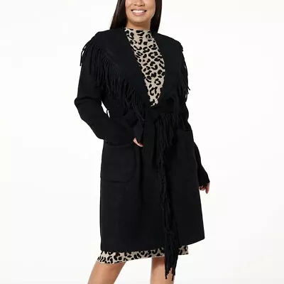 New W Tags Badgley Mischka Eyelash Fringe Coatigan Coat In Black Women’s M $145 • $69.99