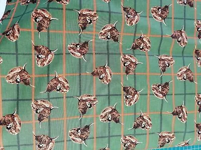 Fat Quarter Highland Celtic Cow On Green Tartan 100% Cotton Quilting Fabric • £4.20