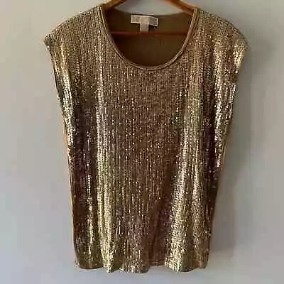 Michael Kors Sequin Shirt Gold Sleeveless Metallic Dressy Party Top Small • $18