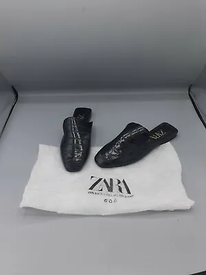 £9.99 • Buy Size UK 3 EU 36 BNWOT Zara Black Mock Croc Slip-On Backless Loafers Flat Shoes