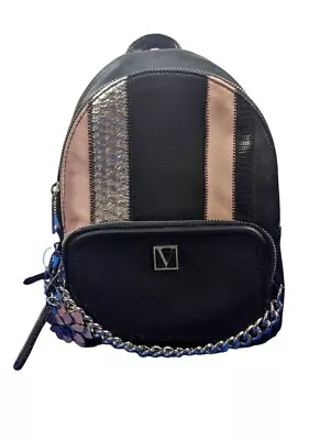 Victoria Secret Black Exotic Mix Mini Backpack Flower Hangtag Chain Zipper • $29