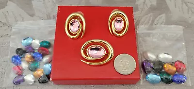 RARE Vtg Classic Interchangeable Magnetic Cabochon Brooch 10 Colors + Earrings • $47