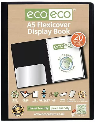 Eco-Eco A5 Display Book 20 Pages Pocket Black Flexi-cover 100% Recycled ECO015   • £3.50