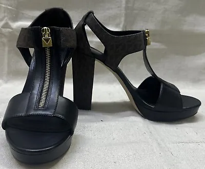 Women's Michael Kors Berkley Leather Heel Sandals PV221 Black / Brown~DT • $34.99