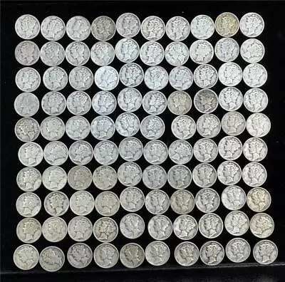 U.s. 1916-45 $10 Face Value 90% Silver Mercury Dimes Lot Of 100 Pieces. • $249