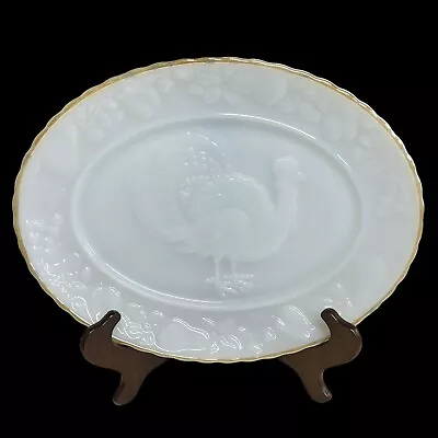 VTG Anchor Hocking Milk Glass Oval 15  Platter Embossed Turkey Gold Luster Edge • $26
