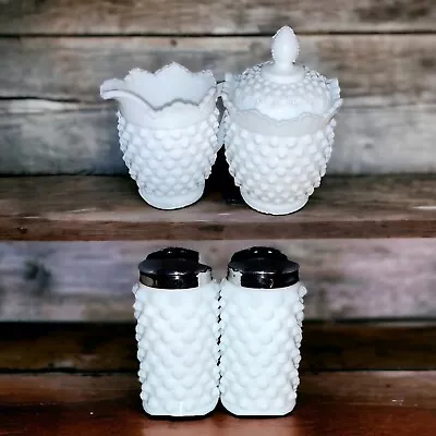 Hobnail Milk Glass Sugar & Creamer / Salt & Pepper White Ruffled Vintage • $31.99