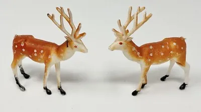 Lot 2 Miniature Plastic Reindeer Deer Antlers MCM Red Eyes Christmas Village • $5.24