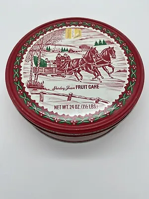 Round Red Tin Shirley Jean Fruit Cake Christmas White Horse Sleigh Embossed 7” • £14.41