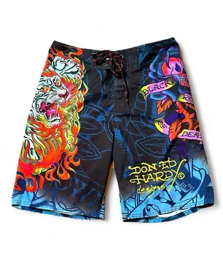 Ed Hardy Burning Tiger Surf Or Die Swim Trunks Board Shorts Men’s Size 33 • $29.50