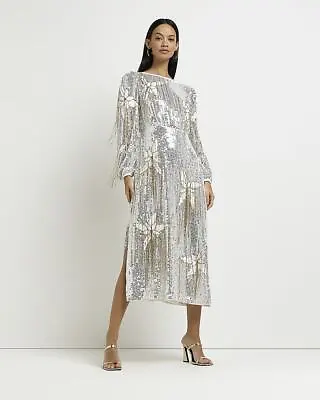 River Island Womens Silver Smock-dress Sequin Dress Size 16 • £90