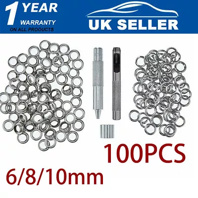 100 Sets 6/8/10mm Silver  Leather Eyelets Ring Washer Grommets Punch Tool Kit • £8.59