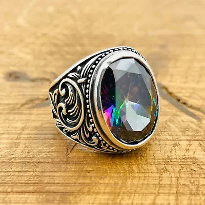 925 Sterling Silver Oval Mystic Topaz Stone Men's Ring Mens Jewelry • $57