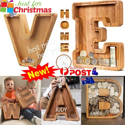 NEW Wooden Piggy Bank Letter-Shaped Piggy Bank Money Box +DIY Sticker Xmas Gift • $19.89