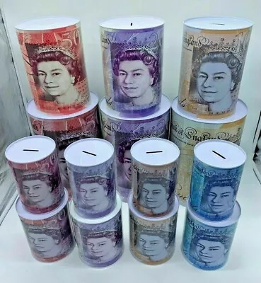 £5 £10 £20 £50 Pound Note Design Kids Money Box Tin Saving Cash Stock In • £9.79