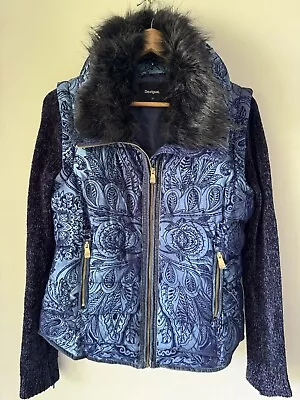 Desigual Womens Blue Velvet Puffer Vest Jacket Detachable Fur Sleeves Sz 38 Vgc • $99