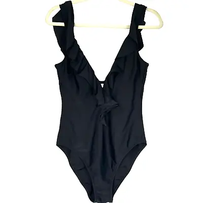 Allen B Black One Piece Swimsuit Plunge Ruffle Neckline Size 12 Large • $14.98
