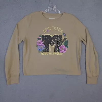 MTV Shirt Women's Medium Beige Long-Sleeve Crop Top Crew Neck Floral • £10.62