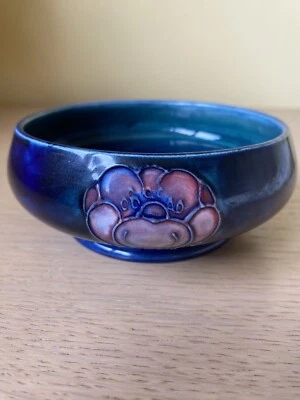 £40 • Buy MOORCROFT  POTTERY…ANEMONE ON BLUE PATTERNED SMALL BOWL C1940s