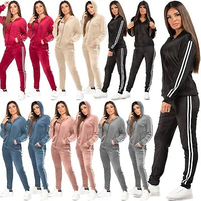 Womens Side Stripe Jogging Bottom Loungewear Velvet Velour 2Pcs Hooded Tracksuit • £19.99