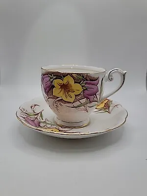  Queen Anne Fine Bone China England Tea Cup And Saucer. Yellow Purple Floral • $11.55